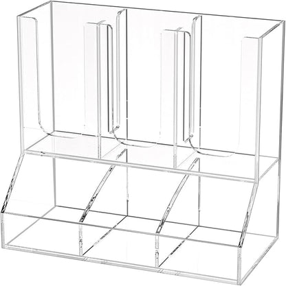 Richboom Cup and Lid Organizer, 6 Compartments with 2 Removable Dividers Coffee Station Countertop Cup Dispenser Condiment Organizer Accessories Caddy for Breakroom, Office, Home - Clear