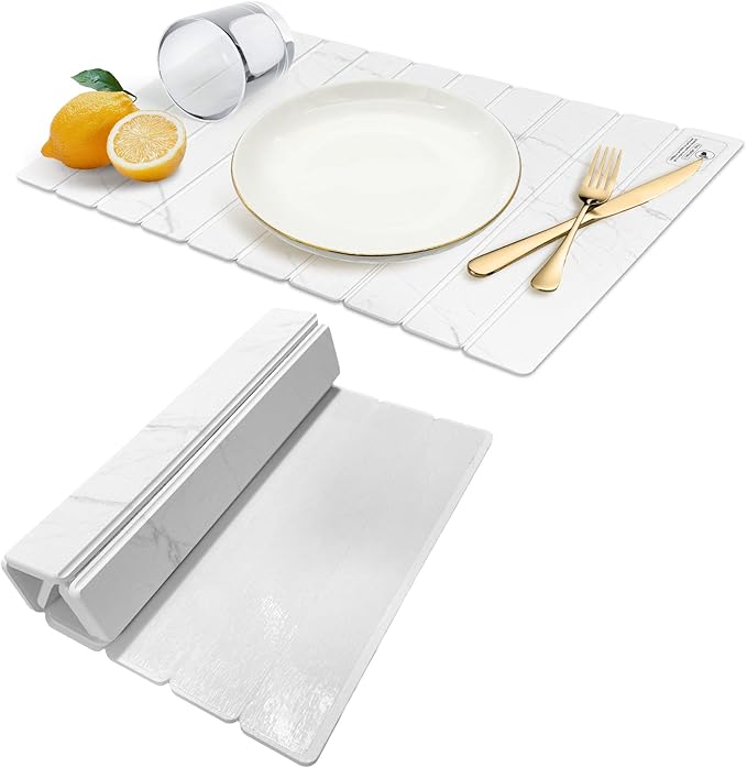 Large Stone Dish Drying Mats for Kitchen Counter - 24"(L)×16"(W) Quick Dry Collapsible Dish Drying Mat for Dishes Bottles Cups, Eco-friendly Diatomaceous Earth Absorbent Mat for Any Countertop Marble