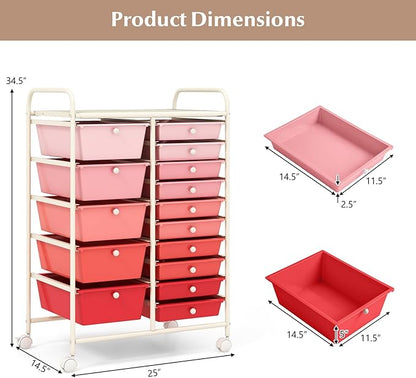 DORTALA 15-Drawer Rolling Storage Cart with Drawers, Rolling Utility Cart w/Removable Drawers & Universal Wheels, Tools Scrapbook Paper Organizer for School, Office, Home, Classroom (Gradient Pink)