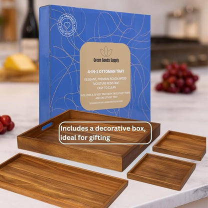 20 inch Large Square Ottoman Tray. Premium Acacia Wood Serving Tray for Living Room, Ottoman, Kitchen or as a Coffee Table Tray. Perfect Serving Tray for Breakfast in Bed, Appetizers or Parties