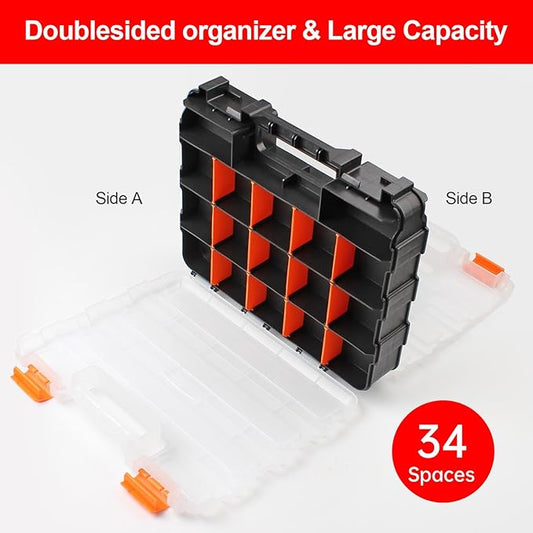 Plastic Tool Box,Double Side Tool Organizer Small Parts Tool Box Hardware Organizer with Removable Plastic Dividers for Bead/Screws/Nuts/Nails/Bolts/Bins/Crafts