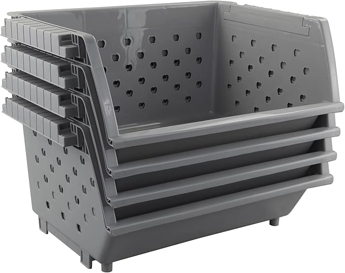 4-Pack Plastic Stacking Storage Baskets, Large stackable organizer basket