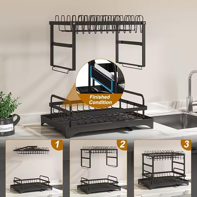 2-Tier Dish Drying Rack - Stainless Steel Dish Racks for Kitchen Counter, Space-Saving Kitchen Counter Organizer with Cutlery/Cup Holders & Draining Tray, Rustproof Multifunctional Drainer (White)