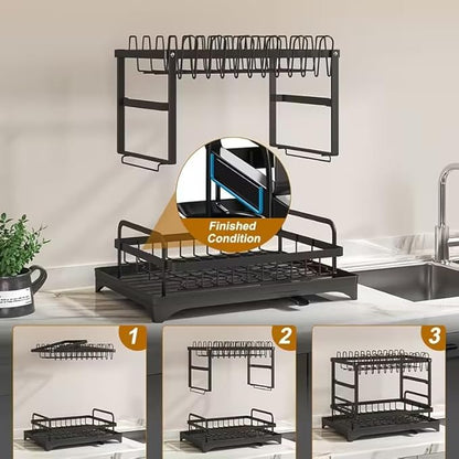 2-Tier Dish Drying Rack - Stainless Steel Dish Racks for Kitchen Counter, Space-Saving Kitchen Counter Organizer with Cutlery/Cup Holders & Draining Tray, Rustproof Multifunctional Drainer (White)