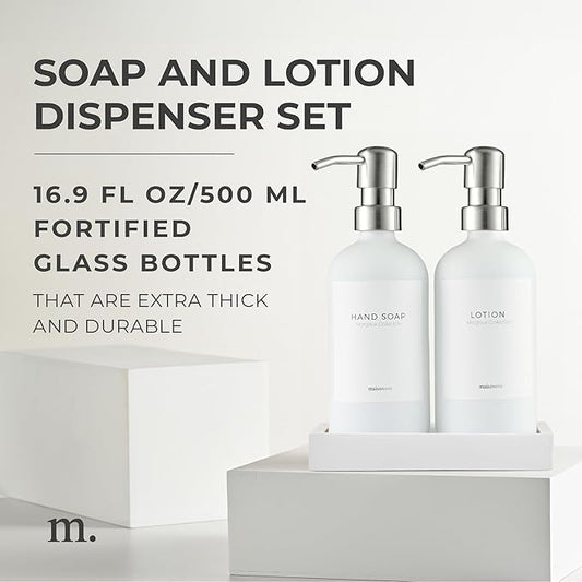 MaisoNovo Soap Dispenser 3-Piece Set | 16.9oz White Bottles with Silver Stainless Steel Pump Core
