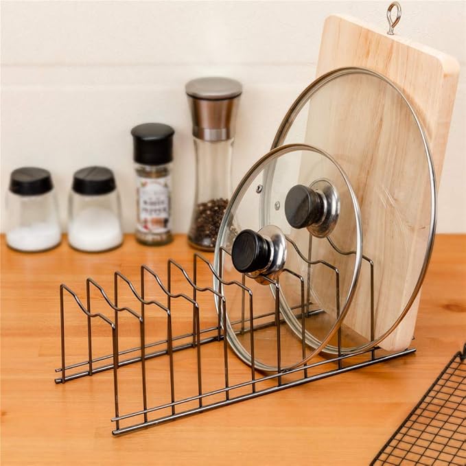 SANNO Pan Pot Lid Holder Organizer, Rack Kitchen Organizer for Plates, Cutting Boards Bakeware, Cooling, Pots & Pans, Serving Trays,Lids Holder Rack,Nickel, 10 Dividers