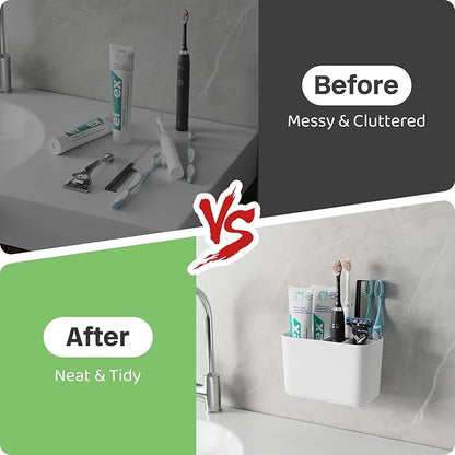 Toothbrush Holder for Bathroom Countertop and Wall with Adhesive, 5 Slots Family Size Electric Tooth Brush and Paste Holder, Kids Tooth Rush Holders and Toothpaste Organizer - White
