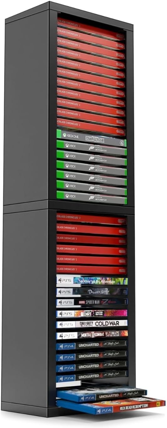 TNP Universal Video Game Storage Tower for PS5, PS4, PS3, Nintendo Switch, Xbox One, Xbox Series S/X - Black Video Game Holder Organizer Stand with 36 CD Case Storage for Organizing & Displaying
