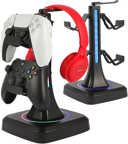 Controller Headset Stand with 10 Color Light Modes - RGB Headphone Holder for PS5, Xbox, Switch - Gaming Room Decor, Desk Organizer for Gamers