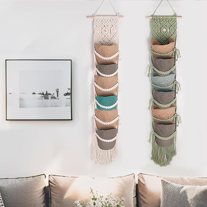 KaloKalo Macrame Cap Holder Boho Hat Hangers Over Door Ball Cap Rack Organizer Decorative Bohemian Handmade Woven Wall Hanging for Baseball Cap Display Decoration (Green, Up to 12 Caps)