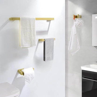 TNOMS Light Gold Towel Bar Set 4 Pieces Bathroom Hardware Set Wall Mounted Stainless Steel,Towel Bar+Towel Holder+Towel Hook+Toilet Paper Holder,23.6 inch
