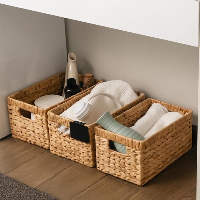 KOKODO Pack 3 Medium Wicker Storage Baskets with Handles, Stylish and Durable Water Hyacinth Rectangle Handwoven Basket Bin with Metal Frame & Handle for Room Organizing