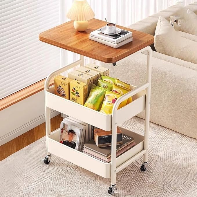 3Tier Rolling Cart - Metal Utility Cart with Wheels, Heavy Duty Mesh Rolling Storage Cart Organizer for Kitchen Office Bedroom Living Room Table (White)