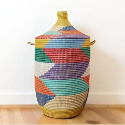 Tall Large Decorative Wicker Storage Basket with Lid, Laundry Hamper, Blanket Storage, Toys Bin, Clothes Holder, Boho Style (Colorful)