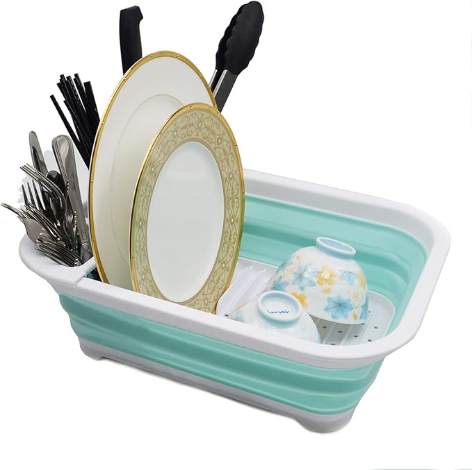SAMMART Collapsible Plastic Dish Drainer - Foldable Drying Rack Set - Portable Dinnerware Organizer - Space Saving (1, White/Lake Green (w/o Base Board))