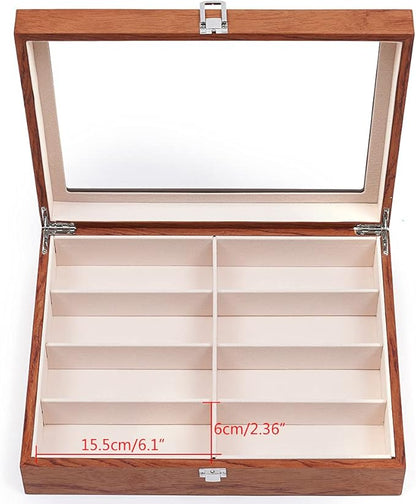 DouSeiAi Wooden Sunglasses Organizer, 8 Grids Sunglasses Storage Box, Sunglasses Display Case with Lock Eyewear Showcase Organizer Mahogany