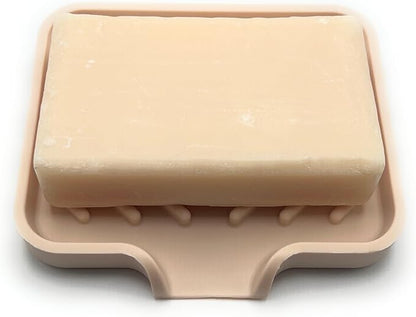Happitasa Silicone Soap Dish Tray and Sponge Holder with Drain Chute and Feet | 3-Way Sloped Design | Bathroom and Kitchen Sink Organizer Caddy (Sand Dollar, 5"x4")
