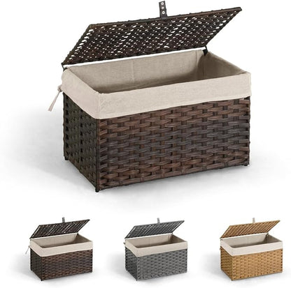 CAPHAUS Laundry Basket with Lid & Handles, Foldable Clothes Hamper, Large 65L Synthetic Rattan Storage Bin with 2 Removable Liner Bags, Collapsible Laundry Hamper, Brown