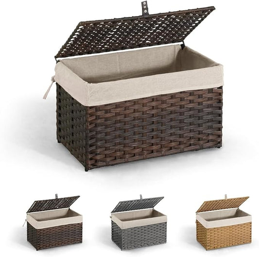 CAPHAUS Laundry Basket with Lid & Handles, Foldable Clothes Hamper, Large 65L Synthetic Rattan Storage Bin with 2 Removable Liner Bags, Collapsible Laundry Hamper, Brown