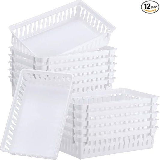 Wenqik Set of 12 Plastic Baskets for Organizing 10.24 x 6.5 x 2.36 Inch Rectangular Trays Plastic Organizer Bins Rectangle for Desk Organization(White)