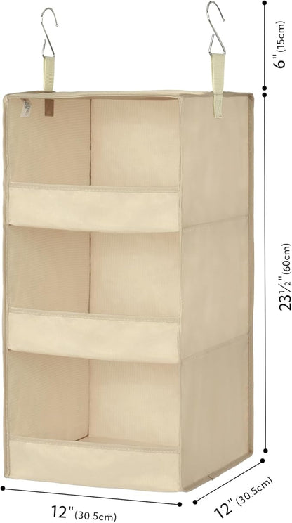 GRANNY SAYS 3 Shelf Hanging Closet Organizers and Storage, Collapsible Closet Storage Organizer with 2 Metal Hooks, Leak-Proof Hanging Shelves for Wardrobe, RV Camper, Locker, 2 Pack, Khaki