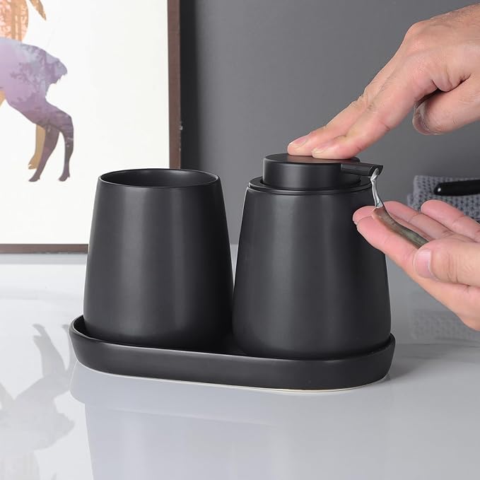 Eyrozia Matte Black Round Soap Dispenser Tray - 8'' Ceramic Vanity Tray for Bathroom Decorative, Jewelry Ring Dish, Comestic Holder, Kitchen Sink Countertop Organizer Plate