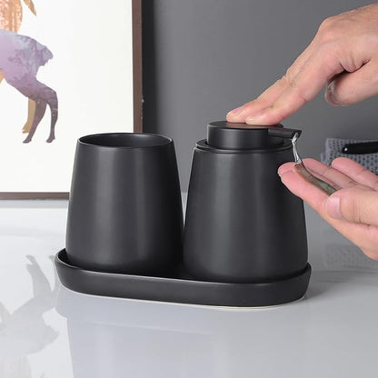 Eyrozia Matte Black Round Soap Dispenser Tray - 8'' Ceramic Vanity Tray for Bathroom Decorative, Jewelry Ring Dish, Comestic Holder, Kitchen Sink Countertop Organizer Plate