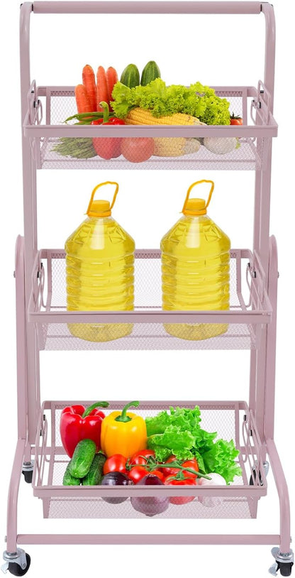 3 Tier Adjustable Storage Carts, Movable Utility Cart, Metal Rolling Cart, Multi-Functional Storage Trolley w/Wheels, Storage Shelves for Kitchen/Bathroom/Bedroom/Office (Pink)