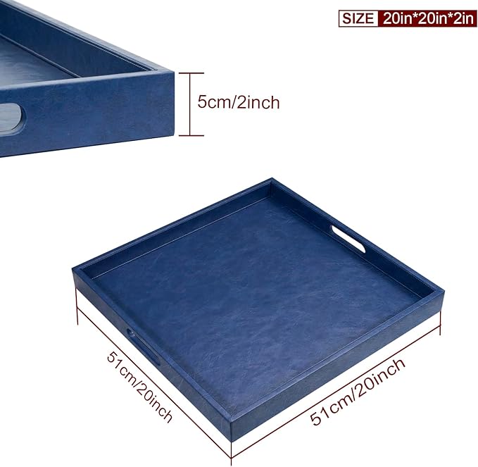 20 * 20 inches Leather Square Serving Tray with Hole Handles,High-End Light Large Service Tray for Ottoman Tray, Tea, Food, Butler - Countertop, Kitchen,Family Dinner, Picnic (Blue)