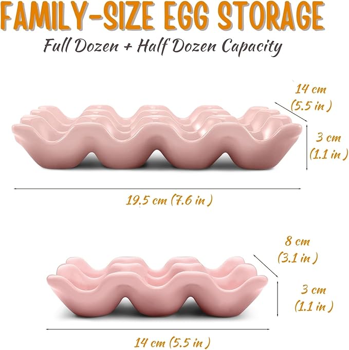 Flexzion 12 Cups Ceramic Egg Holder for Fridge - Dozen Ceramic Egg Tray Porcelain Container Storage Organizer Decorative Serving Stand Serveware for Refrigerator Countertop Display (Pink, 2 Pack)