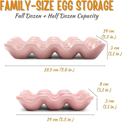 Flexzion 12 Cups Ceramic Egg Holder for Fridge - Dozen Ceramic Egg Tray Porcelain Container Storage Organizer Decorative Serving Stand Serveware for Refrigerator Countertop Display (Pink, 2 Pack)