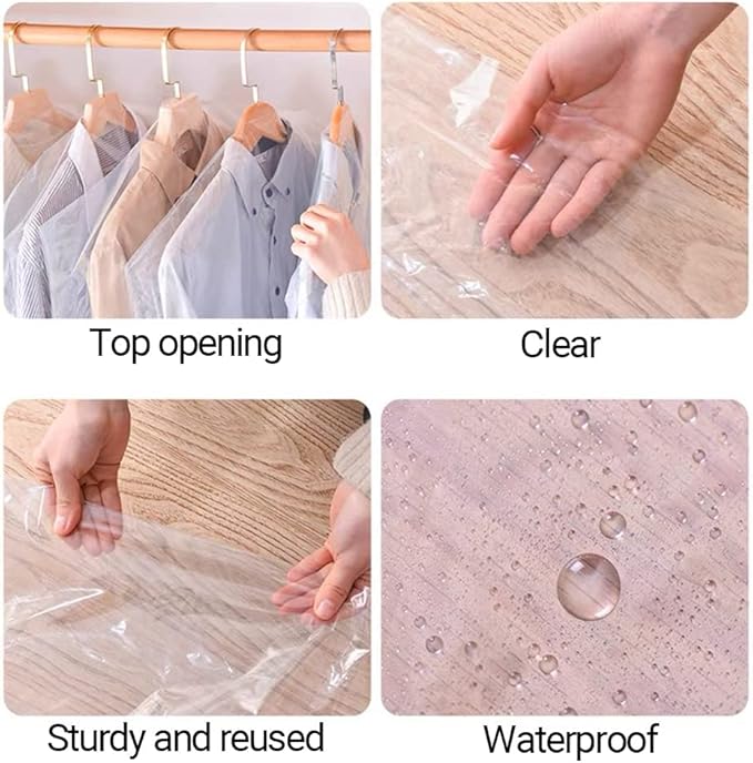 50 Pack 23.6x40inch Clear Plastic Clothes Covers for Hanging Clothes Dust Proof Garment Bags for Small Business Dry Cleaning Store and Home Closet Storage Suit Cover