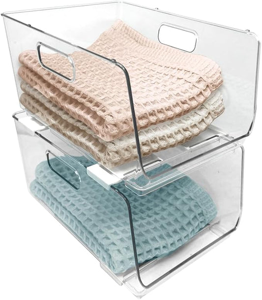 Isaac Jacobs 2-Piece (11.9" x 8.6" x 6.1") Large Deep Stackable Clear Storage Bins w/Open Front, Versatile Use, Set of 2, Desk, Office, Bathroom, Bedroom, Closet