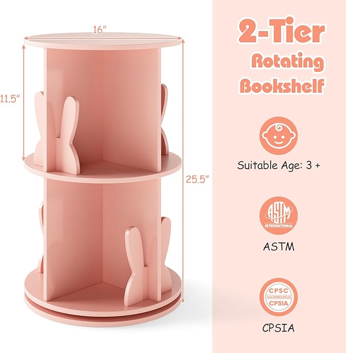 Costzon Kids Rotating Bookshelf, 2 Tier Small Book Shelf with Bookends, 360° Display Spinning Bookshelf Tower, Corner Bookshelf for Small Space, Kids Room, Bedroom, Nursery (Pink)