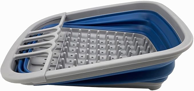 SAMMART 8L (2.11Gallons) Collapsible Plastic Dish Drainer - Foldable Drying Rack - Portable Dinnerware Organizer - Space Saving Kitchen Utensil Storage Tray (Grey/Mist Blue)