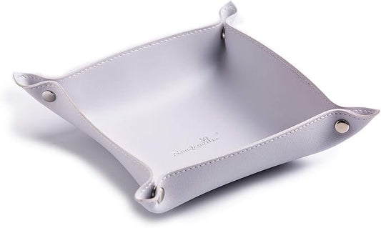 SANQIANWAN Leather Jewelry Valet Tray for Women and Man, Entryway Table Bedside Nightstand Desk Portable Small Catchall Travel Dish Plate for Key,Wallet,Watch,Coin(Grey White-B)