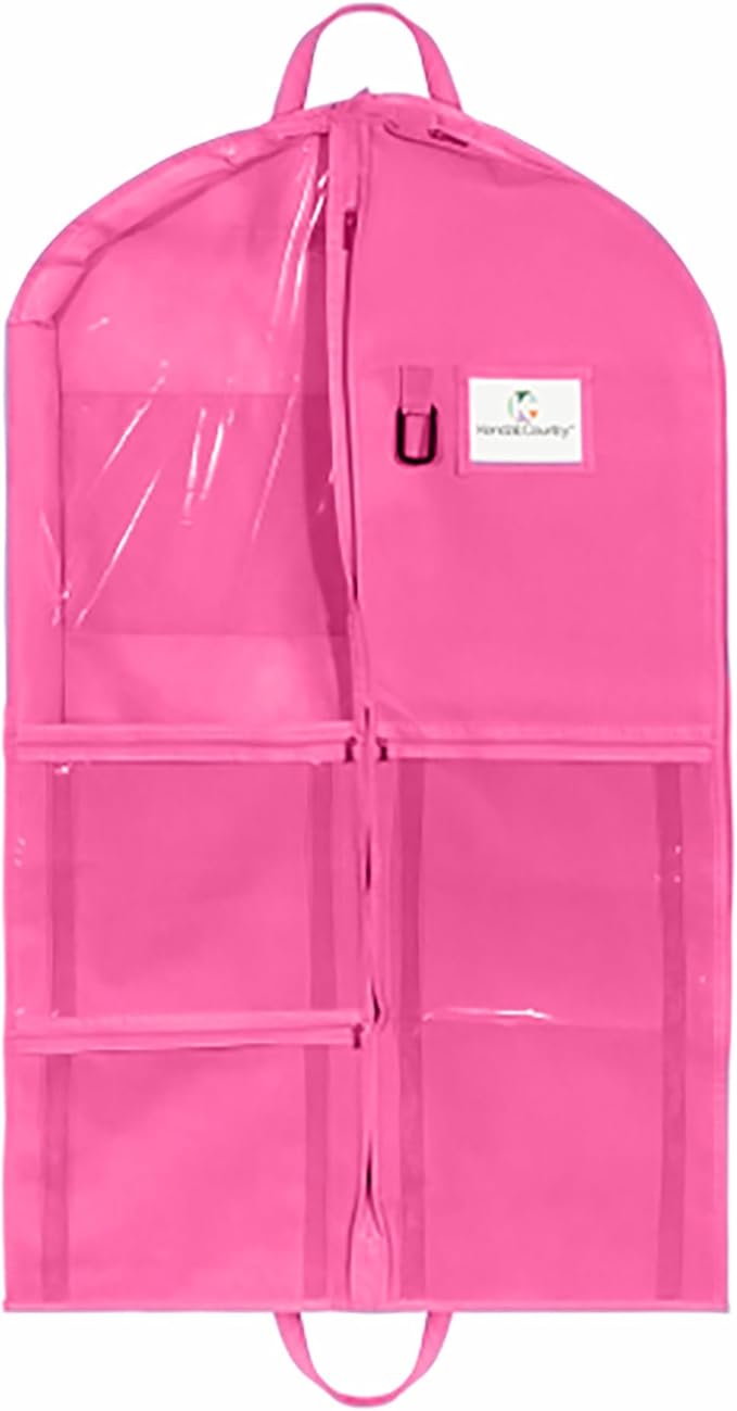 Enhanced Hanging Garment Bag with multiple clear Pockets, carrying straps, front and Side Zippers for Clothes, Dance Costumes, Cheer uniforms, and pageant dresses. (BarbiePink, 40 inch)