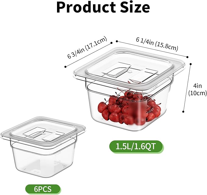 FORITRUE 1/6 4" 6 Pack Plastic Food Pans With Lids, Clear Food Pan, Commercial Stackable Polycarbonate Freezer-Safe for Fruits Vegetables Restaurant Kitchen