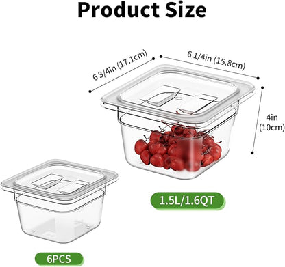 FORITRUE 1/6 4" 6 Pack Plastic Food Pans With Lids, Clear Food Pan, Commercial Stackable Polycarbonate Freezer-Safe for Fruits Vegetables Restaurant Kitchen