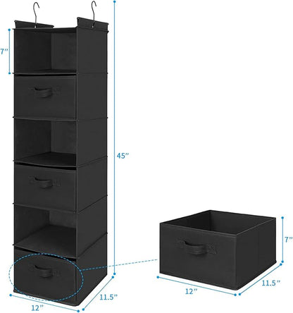 MAX Houser 6 Tier Shelf Hanging Closet Organizer, Closet Hanging Shelf with 2 Sturdy Hooks for Storage, Foldable (Black-D3)