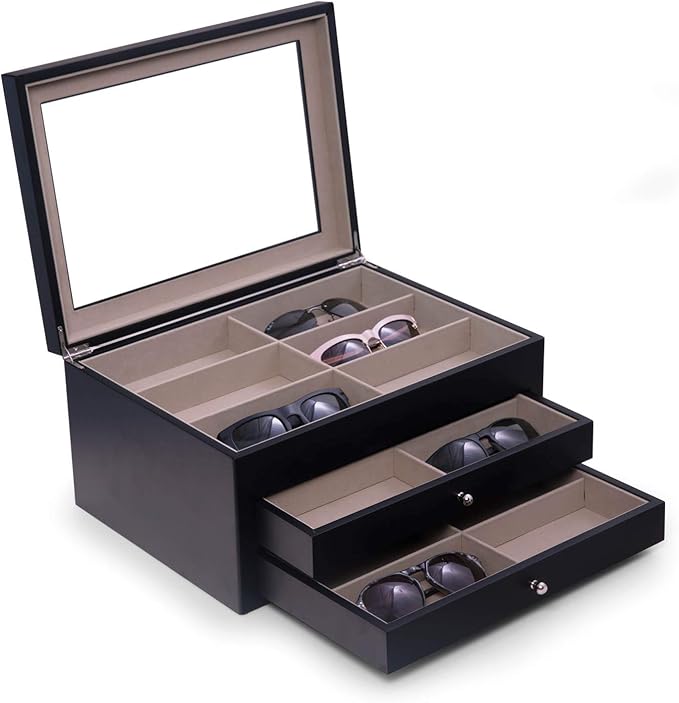 Bey-Berk Luxury Designer 18 Eyeglass and Sunglass Storage Box in Real Wood, Extra Large Slots, Soft Velour Lining, Dresser Organizer