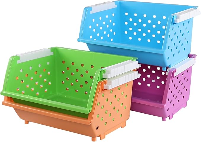 Ramddy 4 Tiers Kitchen Stackable Storage Basket, Plastic Multi-functional Stacking Basket Bin, Colored Pantry Storage Bin