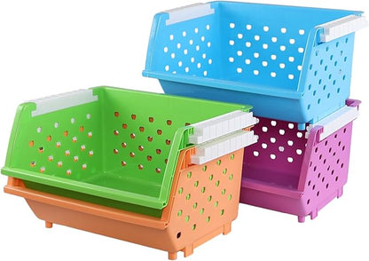 Ramddy 4 Tiers Kitchen Stackable Storage Basket, Plastic Multi-functional Stacking Basket Bin, Colored Pantry Storage Bin