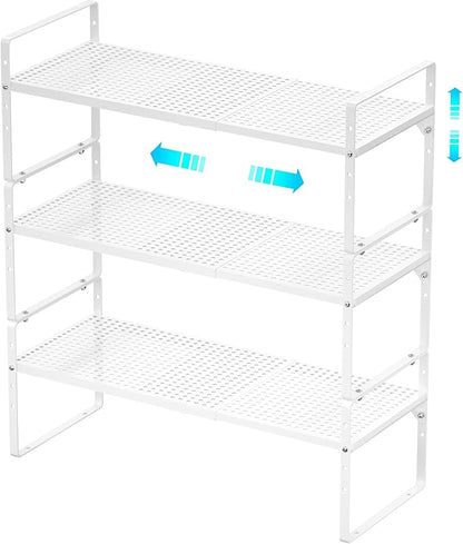 Redrubbit Expandable Cabinet Storage Shelf, Adjustable Height Steel Metal Kitchen Counter Organizers Shelves Spice Rack for Kitchen Pantry Bathroom Cupboard Desk Home Office, White-3 Pack