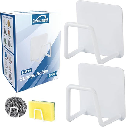 Eksinzenith Sponge Holder for Kitchen Sink Caddy, Strong Adhesive Sponge Holder for Sink Counter, Dish Sponge and Brush Holder, Premium SUS304 Stainless Steel Rust Proof Waterproof-White(2 Pack)