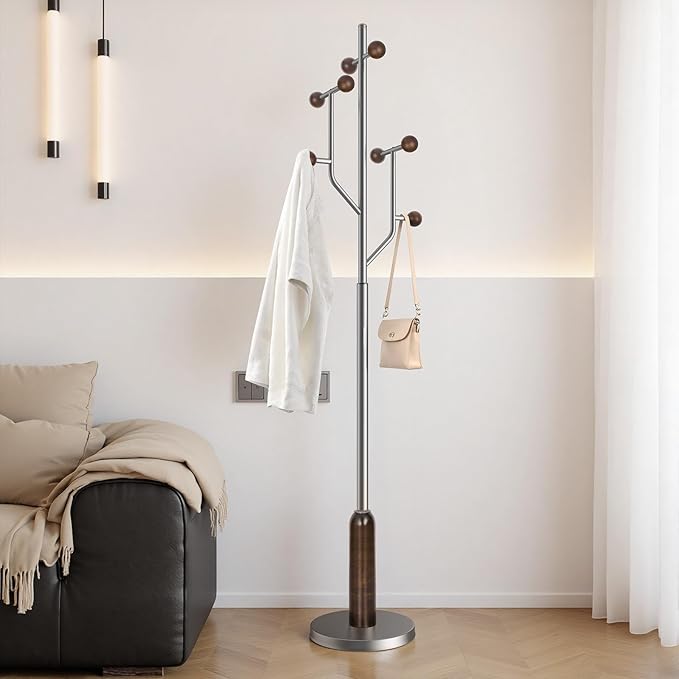 Coat Rack Freestanding with Stainless Steel Marble Base, 8 Wood Ball-shaped Hooks, Heavy-Duty Standing Rack Clother Hanger Rack Metal Coat Tree for Bedroom Entryway, Hat, Bags, Long Dresses