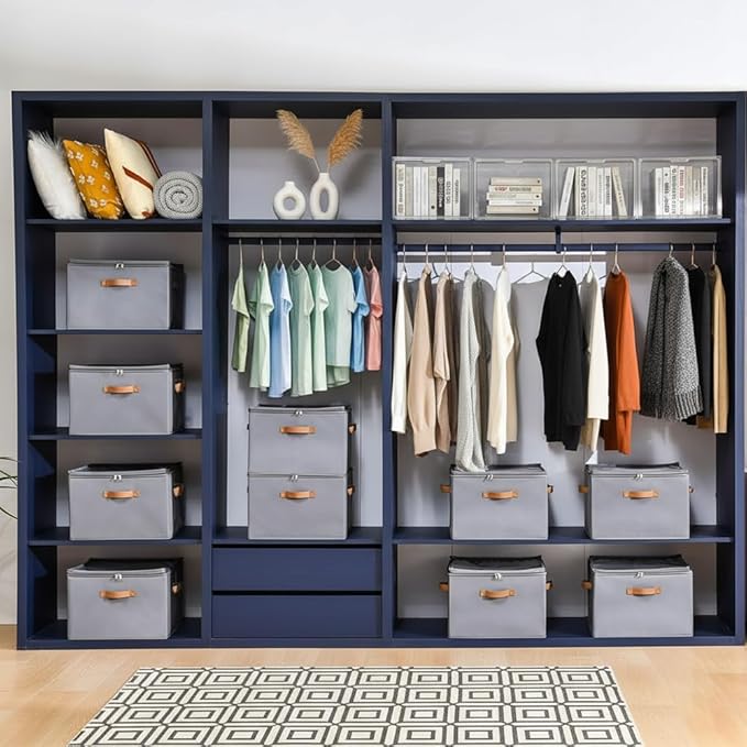 Yagizaai Foldable Shoe Organizer Box for Closet & Under-Bed, Adjustable Dividers, Holds up to 16 Pairs, Stackable, Gray with Clear Cover & Leather Handles, 17x17x12 inch
