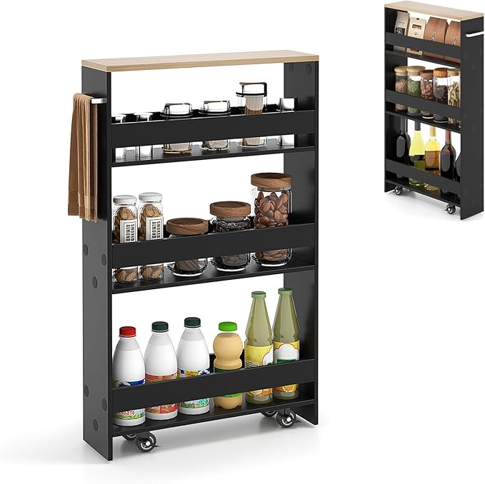 Slim Storage Cart, 4 Tier Rolling Storage Cabinet with 4 Universal Wheels, Convenient Handle, Narrow Laundry Cart for Small Space Bathroom Office