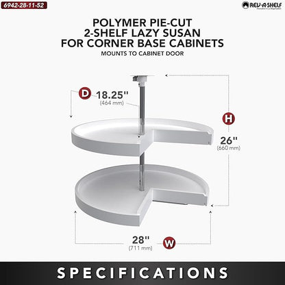 Rev-A-Shelf 2 Tier Pie-Cut Lazy Susan for Corner Base Cabinets, Plastic, 28" Double Shelf Swivel Kitchen Spice and Can Organizer, White, 6942-28-11-52