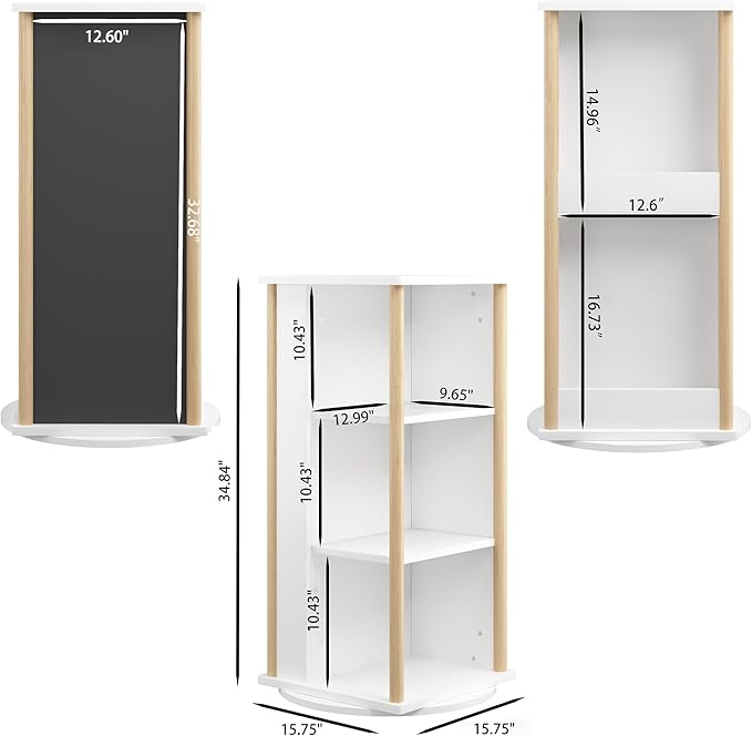 Ikebana Rotating Bookshelf Kids, 3 Tier Rotating Bookshelf Tower with Chalkboard, 360 Display Floor Standing Revolving Corner Bookcase and Narrow Book Shelf Organizer